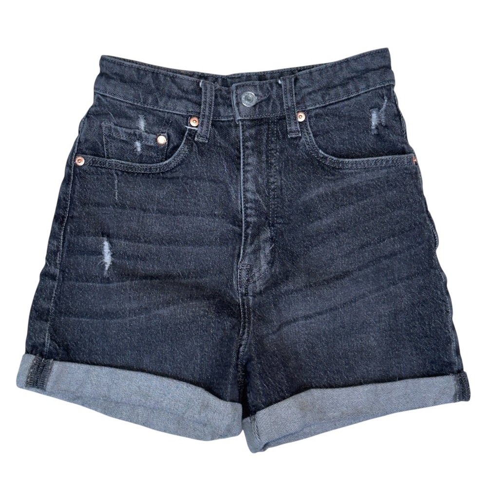H&M Ultra High Waist Mom Shorts Sz 2 Distressed Black Denim Rolled Cuffs Cotton